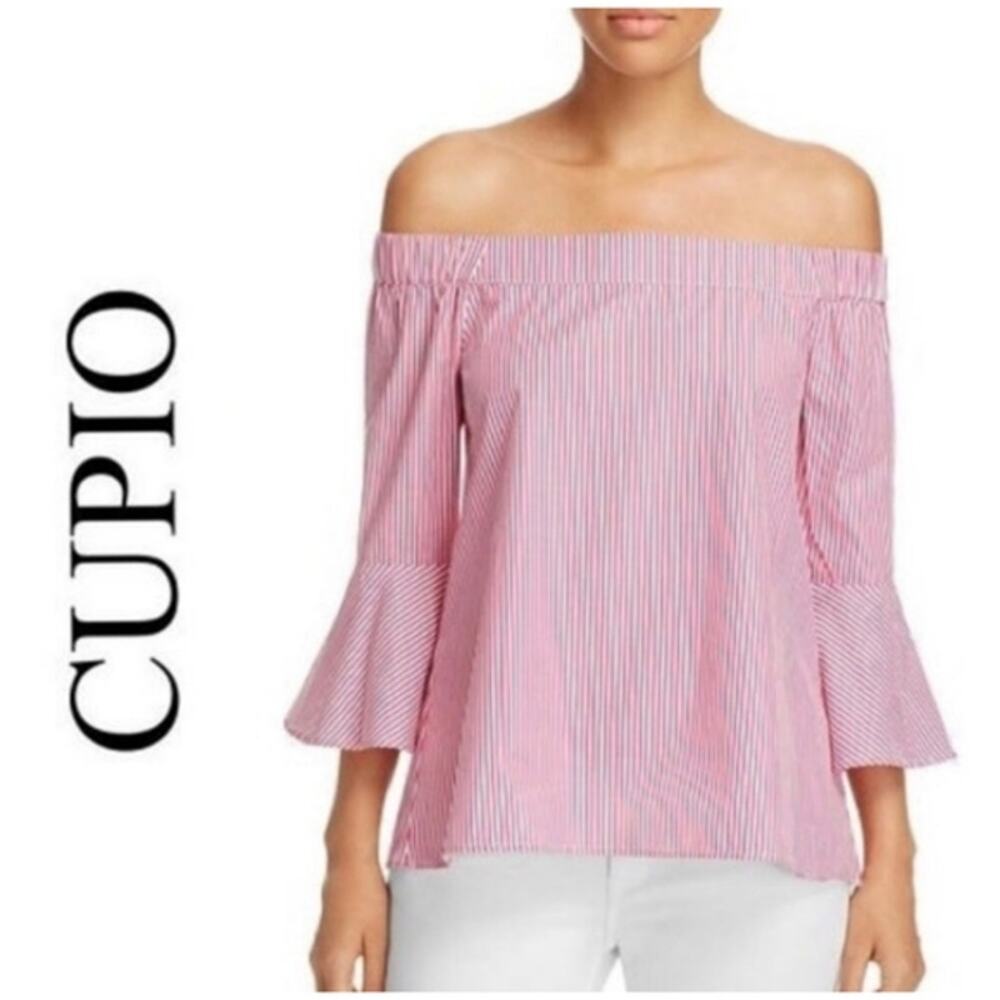 Cupio Stripe Off-The-Shoulder Bell Sleeve Blouse L